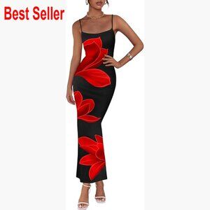 Floral Mesh Slip Dress Spaghetti Strap Bodycon Maxi Backless